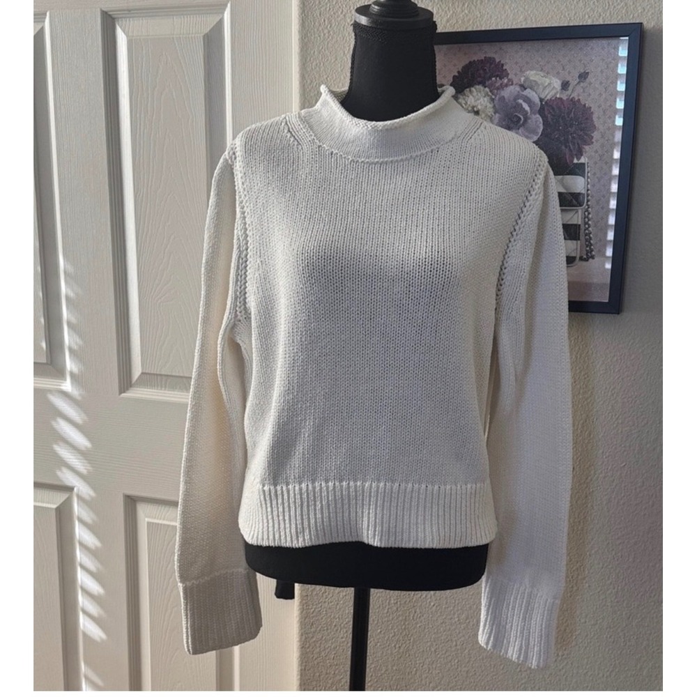 J.Crew White Mock Neck Pointelle Shoulder‎ Detail Knit Pullover Sweater L